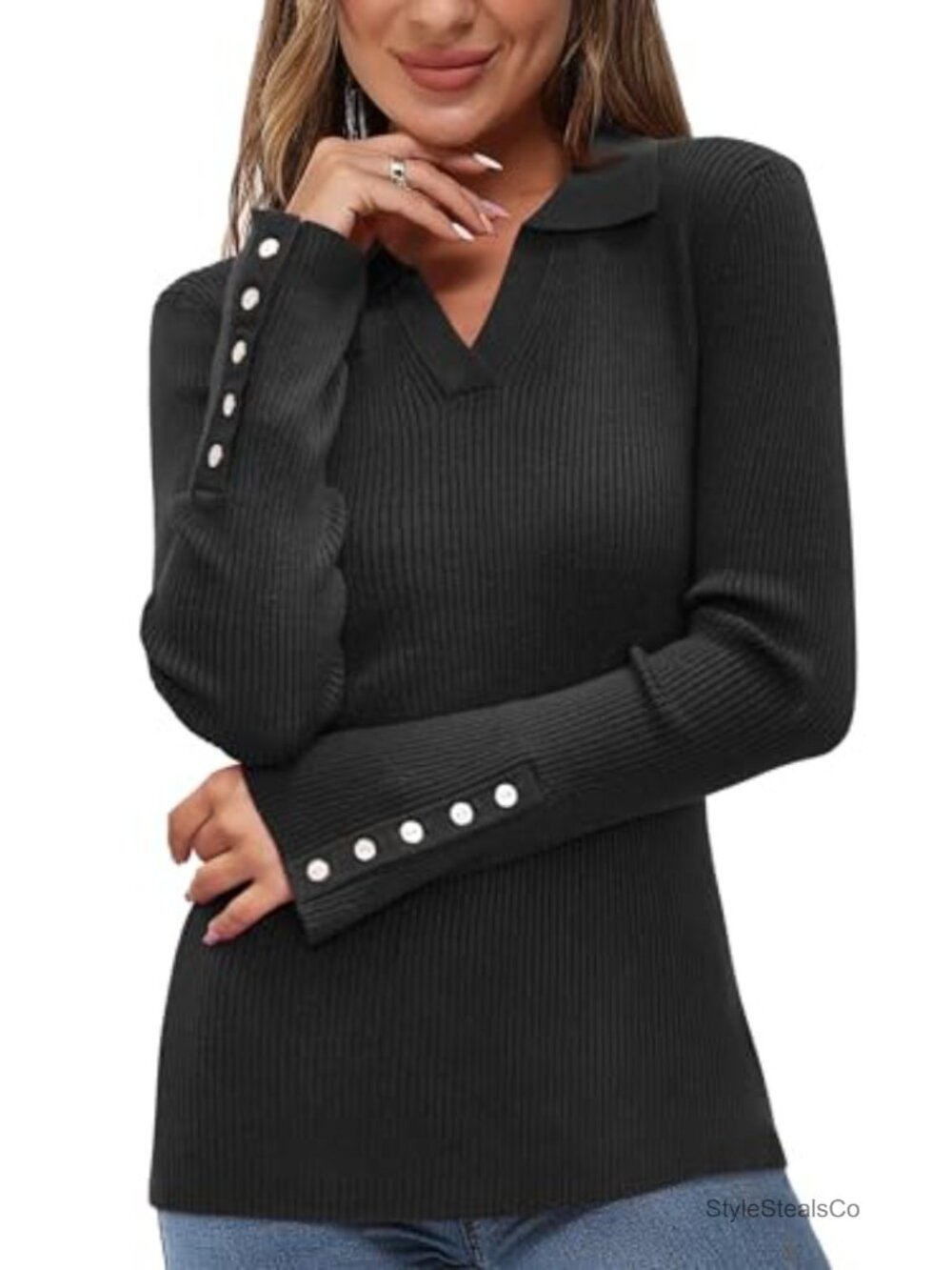 Women's Knit Pullover Sweater Long Sleeve V-Neck Business Casual Tops Fall